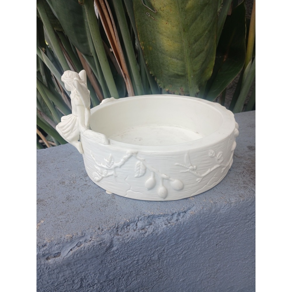Vintage White Fairy Garden Bowl Floral Dragonfly Resin Planter Trinket Dish - Picture 2 of 10